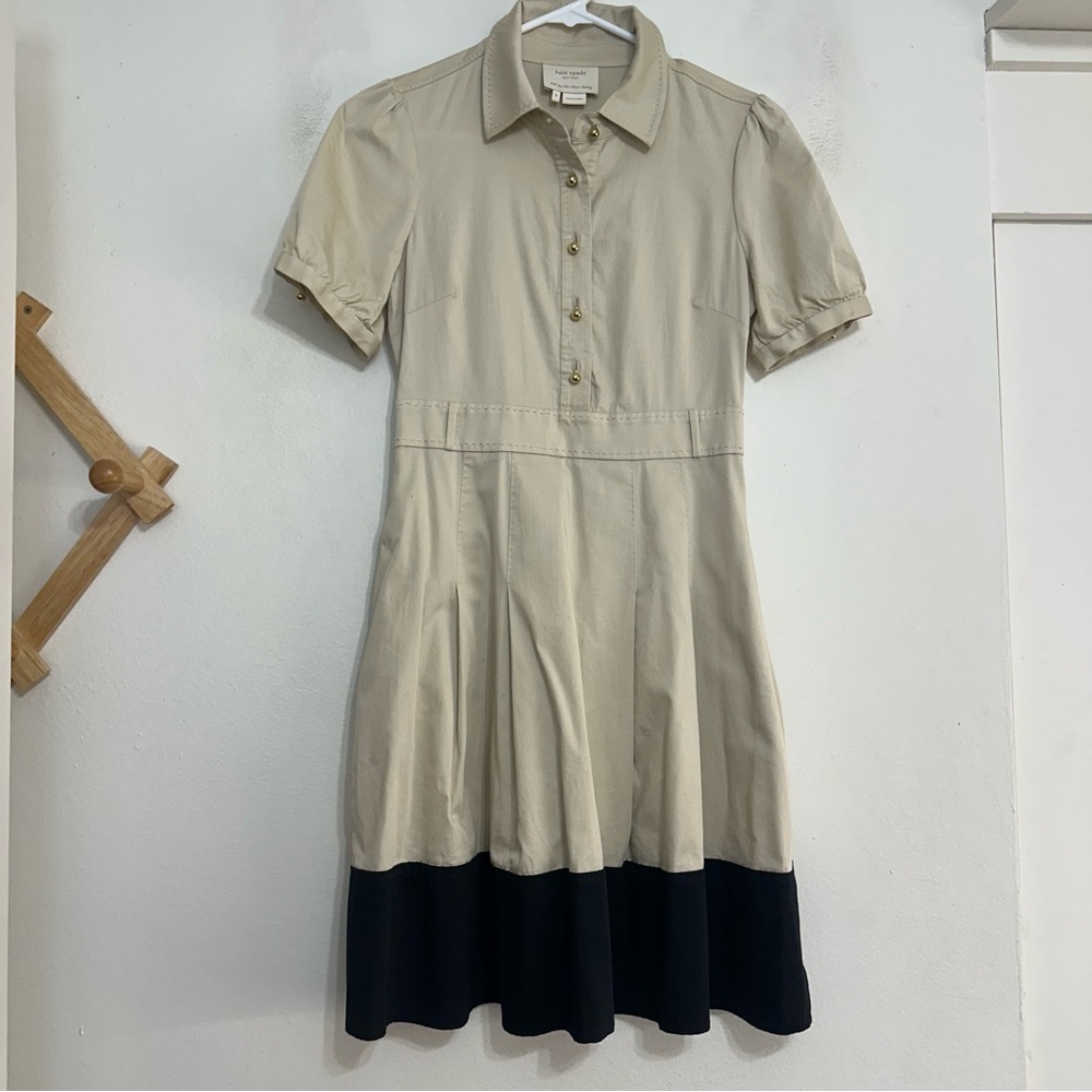Kate Spade Cream and Black Pleated Puff Sleeve Mini Dress